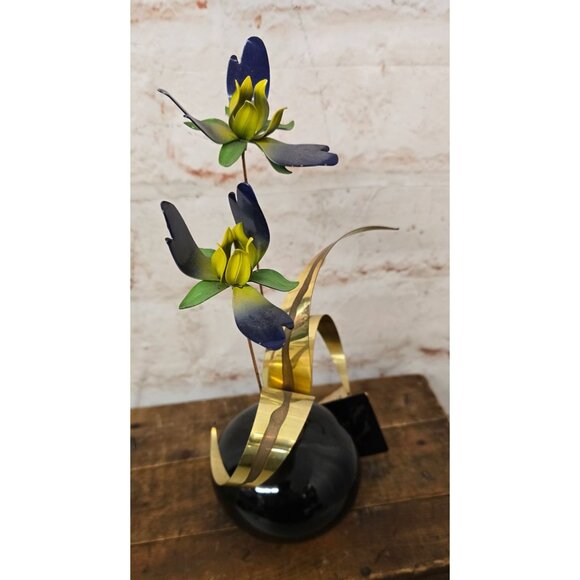 11" Vintage Marie Jaxon Originals Metal Flower Arrangement In Black Vase - Picture 5 of 11